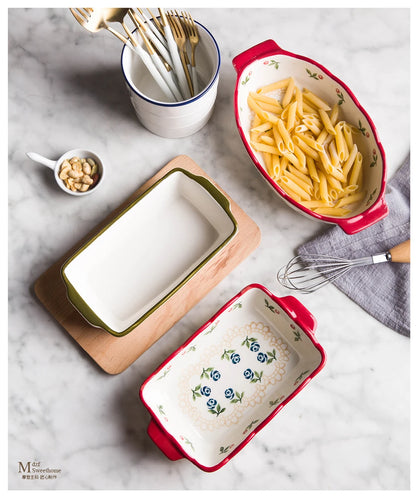 Flowers Rectangular Oval Ceramic Bakeware Pan with Handle – Multi-Size Baking Dish