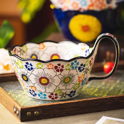 Hand-Painted floral Handle Bowl – 1L Ceramic Multi-Purpose Bowl