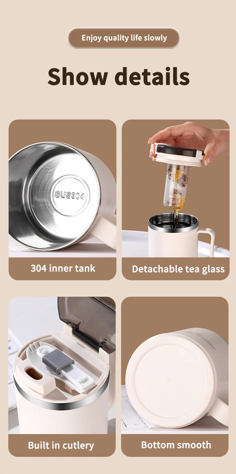 Double-Wall Thermal Coffee Cup With Strainer&Spoon Portable Leak Proof Coffee Mug