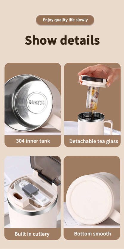 Double-Wall Thermal Coffee Cup With Strainer&Spoon Portable Leak Proof Coffee Mug
