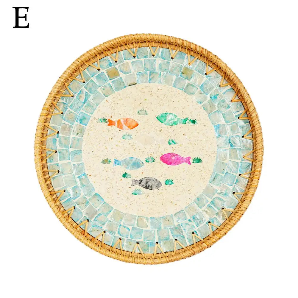 Unique Decorative Round Rattan Serving Tray with Mother-of-Pearl Inlay