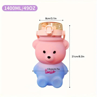 Cute Bear Shape Water Bottle with Straw & Shoulder Strap