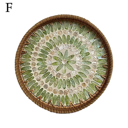 Unique Decorative Round Rattan Serving Tray with Mother-of-Pearl Inlay