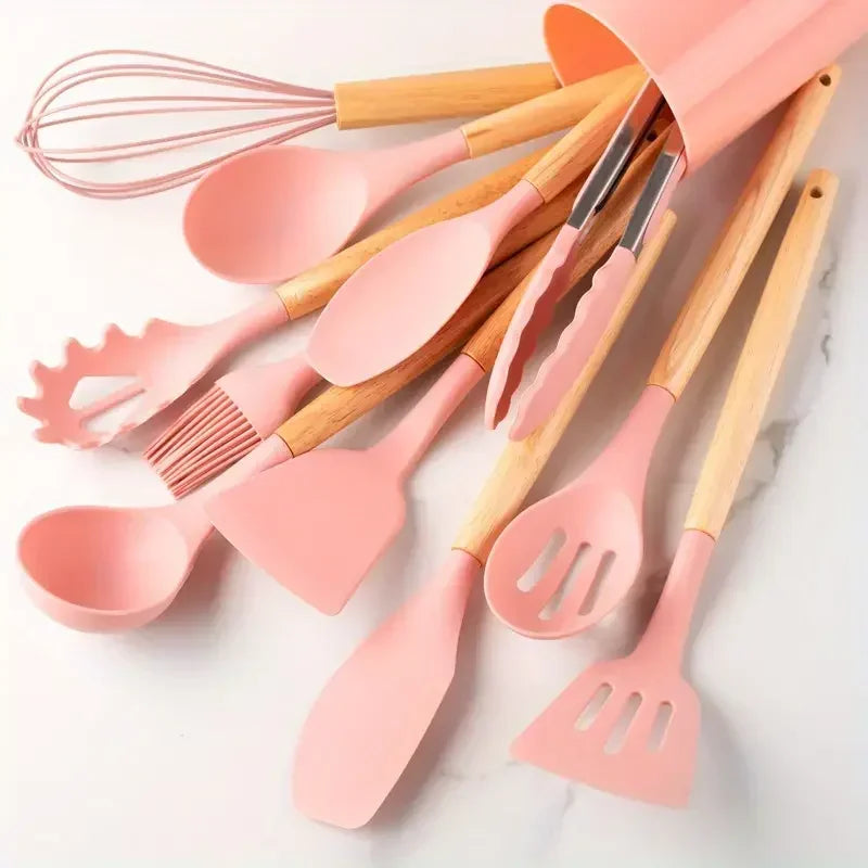 12pcs Set of Silicone Wooden Handle Kitchen Utensils Set Non Stick Pot Spoon
