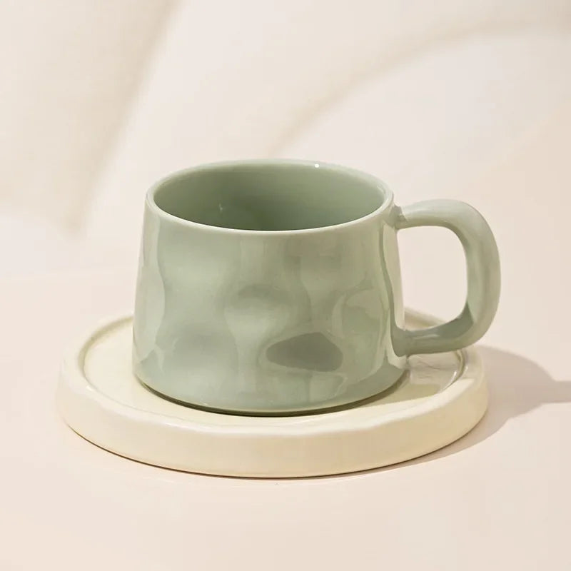 300ML Ceramic Coffee Mug with Saucer Set – Elegant Design in 3 Colors