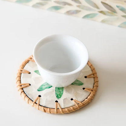 Beautiful and unique Hand-Woven Rattan & Ceramic Coaster