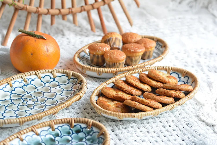 Rattan Woven Rim Ceramic Fruit Plate – Multi-Purpose Snack & Dessert Tray