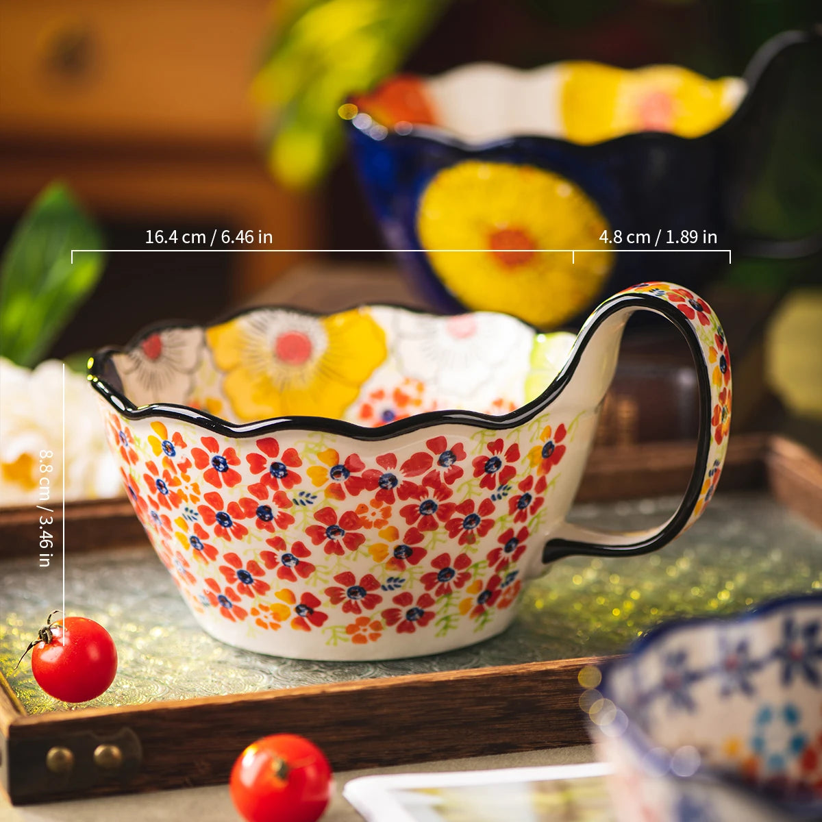 Hand-Painted floral Handle Bowl – 1L Ceramic Multi-Purpose Bowl