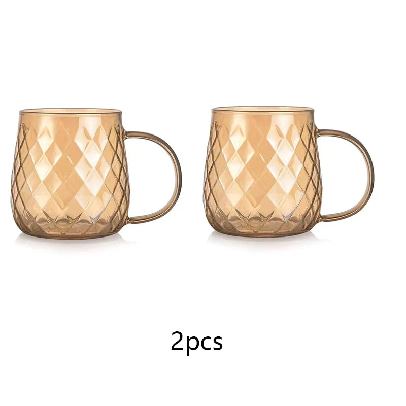 Diamond Textured Glass Cup – 380ml Golden Teacup Mug with Handle