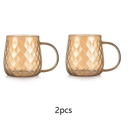 Diamond Textured Glass Cup – 380ml Golden Teacup Mug with Handle