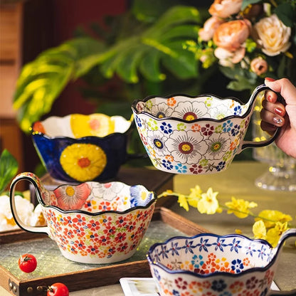Hand-Painted floral Handle Bowl – 1L Ceramic Multi-Purpose Bowl