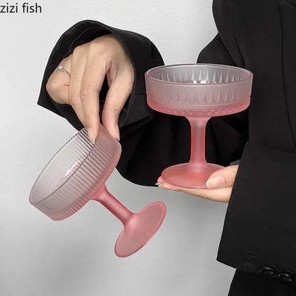 Premium Frosted Relief Glass Cup – Pink Goblet with Tall Feet