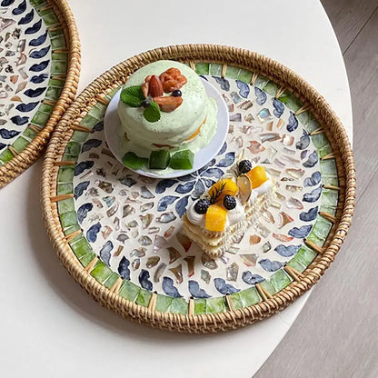 Unique Decorative Round Rattan Serving Tray with Mother-of-Pearl Inlay