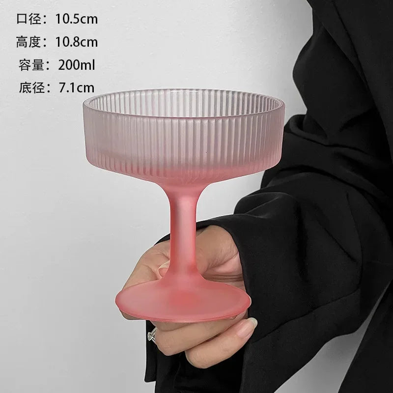 Premium Frosted Relief Glass Cup – Pink Goblet with Tall Feet