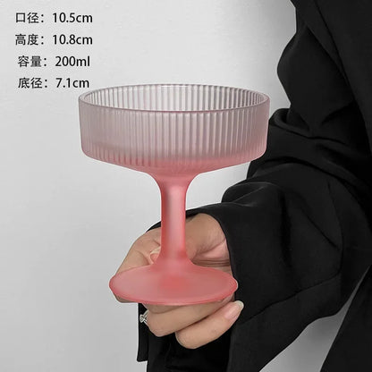 Premium Frosted Relief Glass Cup – Pink Goblet with Tall Feet