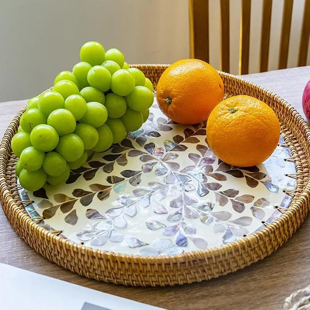 Unique Decorative Round Rattan Serving Tray with Mother-of-Pearl Inlay
