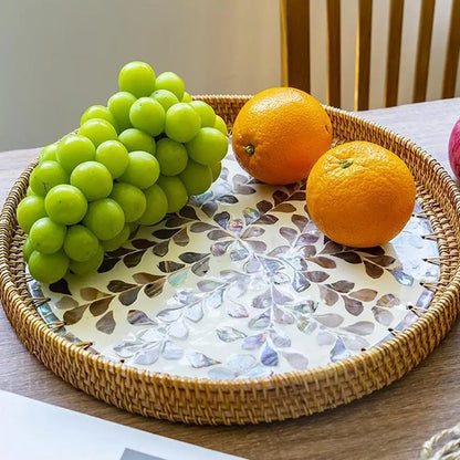 Unique Decorative Round Rattan Serving Tray with Mother-of-Pearl Inlay