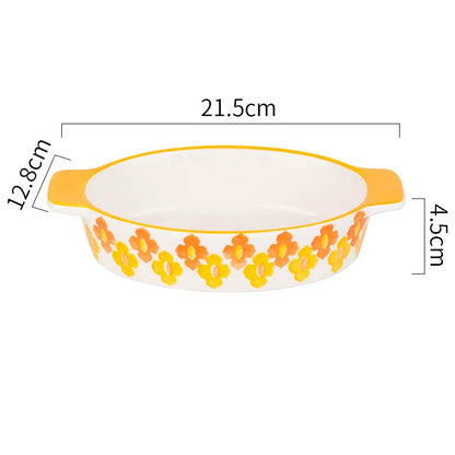 Flowers Rectangular Oval Ceramic Bakeware Pan with Handle – Multi-Size Baking Dish