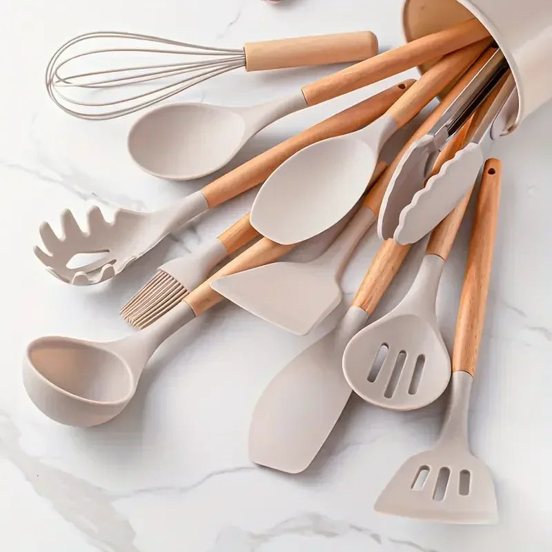 12pcs Set of Silicone Wooden Handle Kitchen Utensils Set Non Stick Pot Spoon