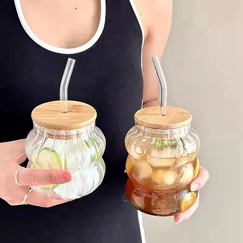 350/500/550/750ML Can-Shaped Glass Cups with Bamboo Lids & Glass Straws