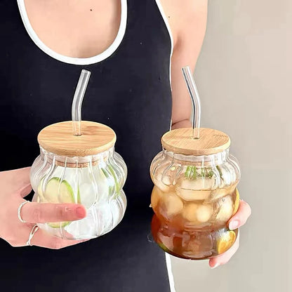 350/500/550/750ML Can-Shaped Glass Cups with Bamboo Lids & Glass Straws