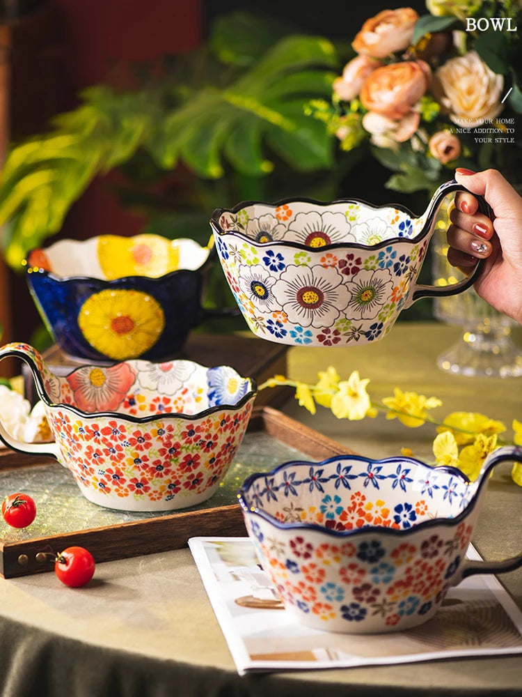 Hand-Painted floral Handle Bowl – 1L Ceramic Multi-Purpose Bowl