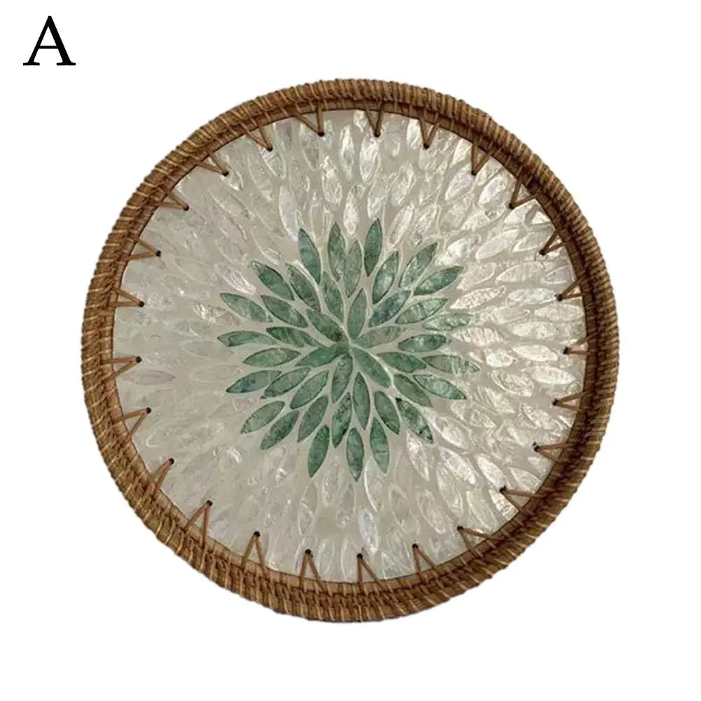 Unique Decorative Round Rattan Serving Tray with Mother-of-Pearl Inlay