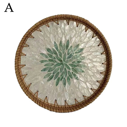 Unique Decorative Round Rattan Serving Tray with Mother-of-Pearl Inlay