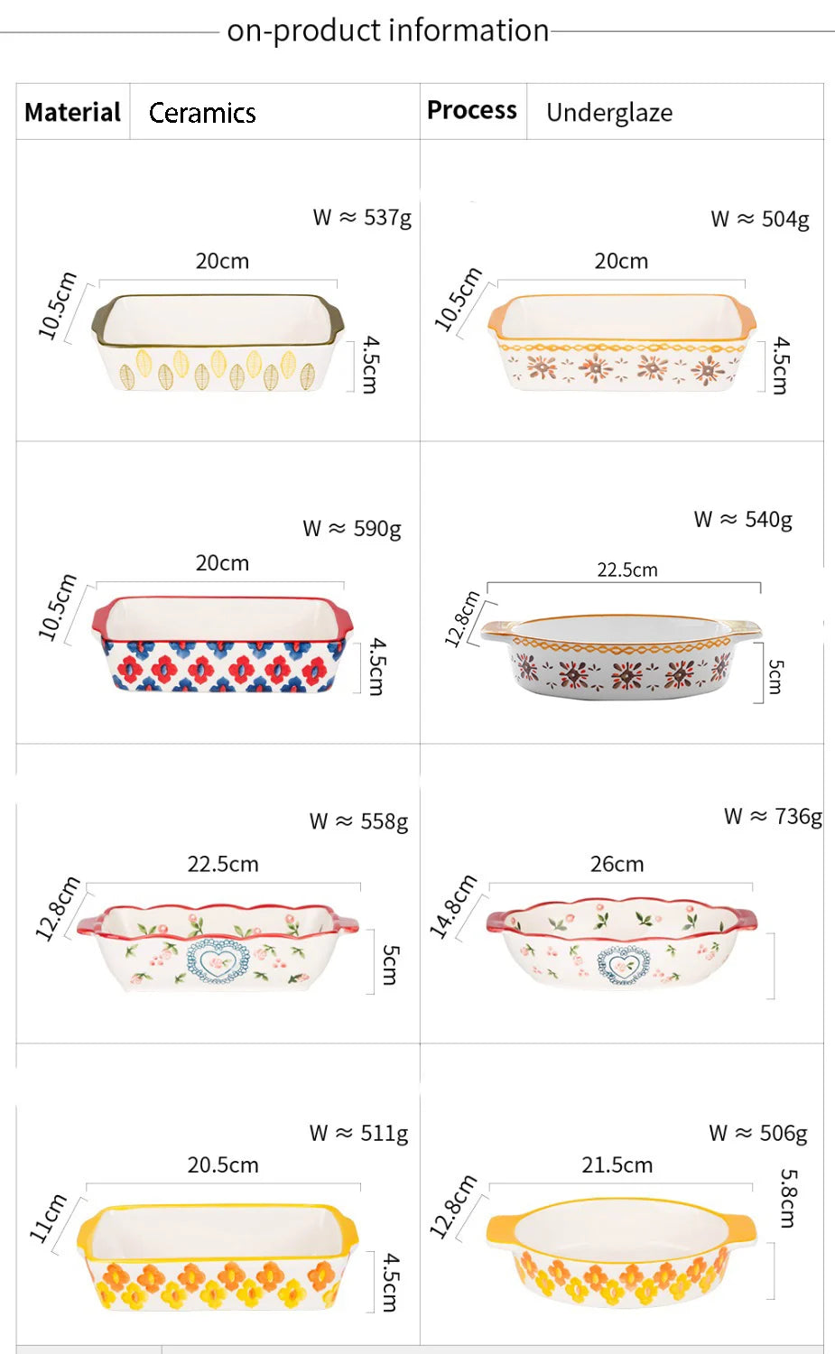 Flowers Rectangular Oval Ceramic Bakeware Pan with Handle – Multi-Size Baking Dish
