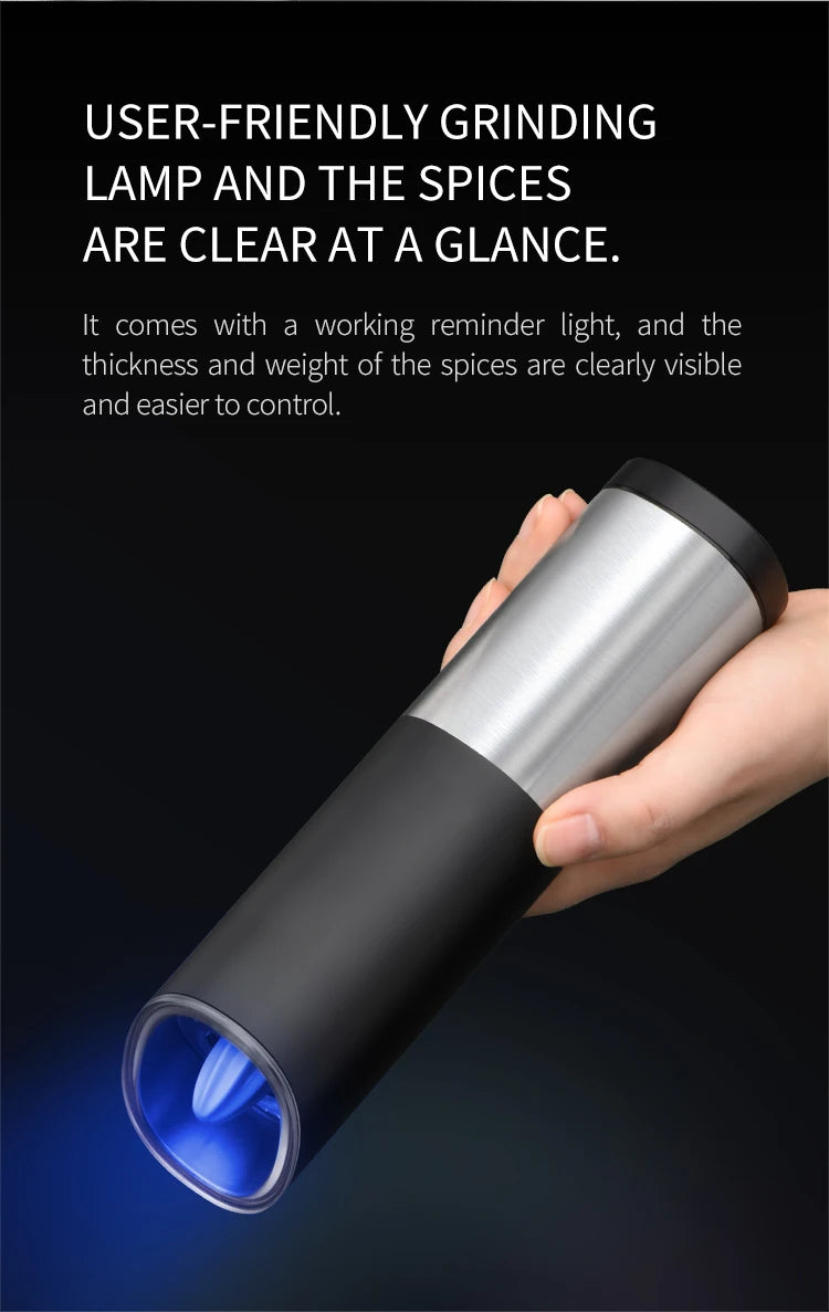 Electric Salt & Pepper Grinder – Gravity Automatic Spice Mill with LED Light