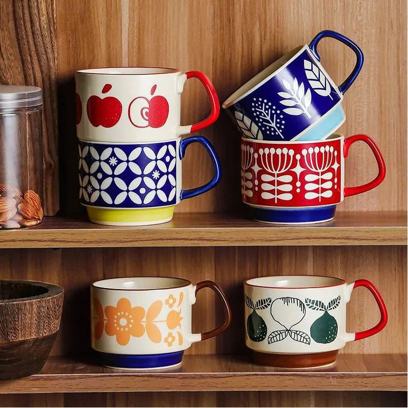 300ml Floral Geometric Retro Style Ceramic Coffee Mug