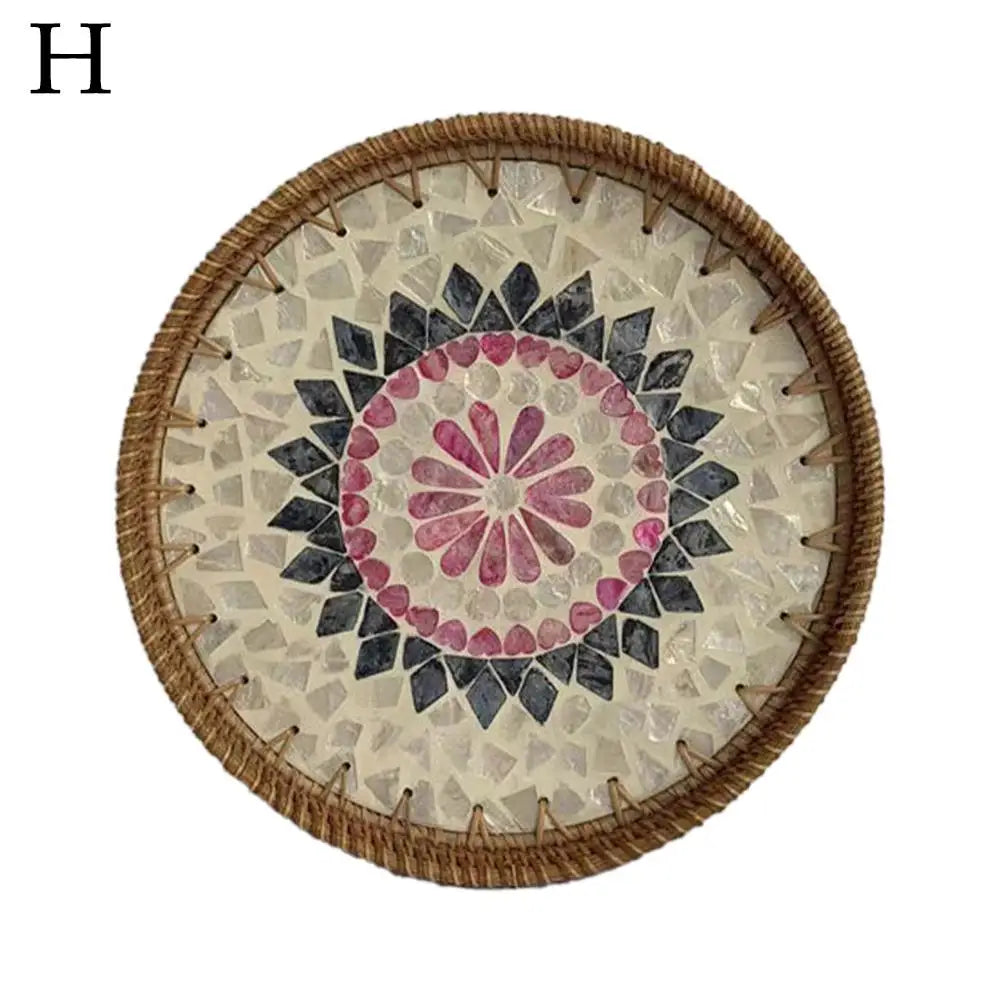Unique Decorative Round Rattan Serving Tray with Mother-of-Pearl Inlay