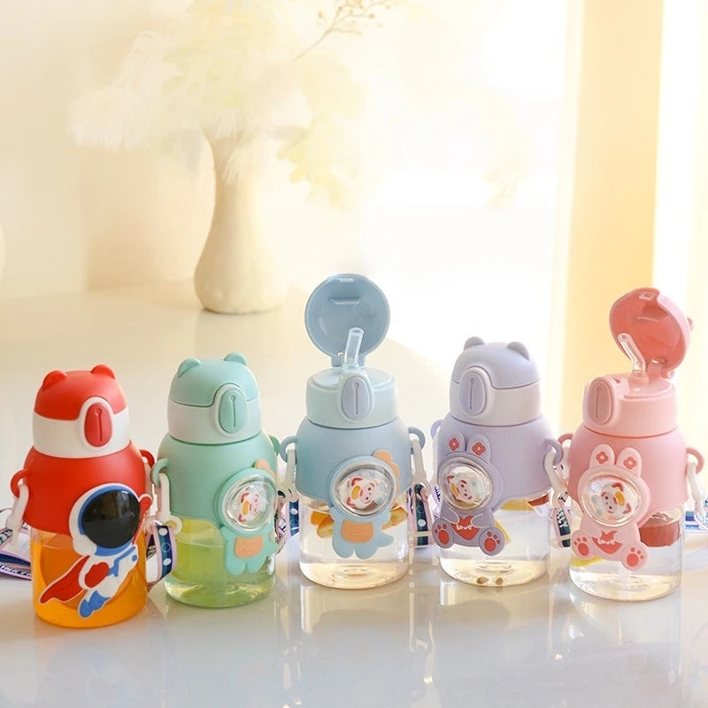 600ML Cute Cartoon Water Bottle with Straw & Removable Strap