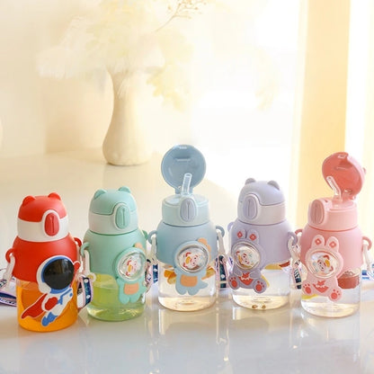 600ML Cute Cartoon Water Bottle with Straw & Removable Strap
