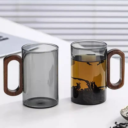 2/4/6PCS Luxury Transparent Black Glass Mug Set with Wooden Handle
