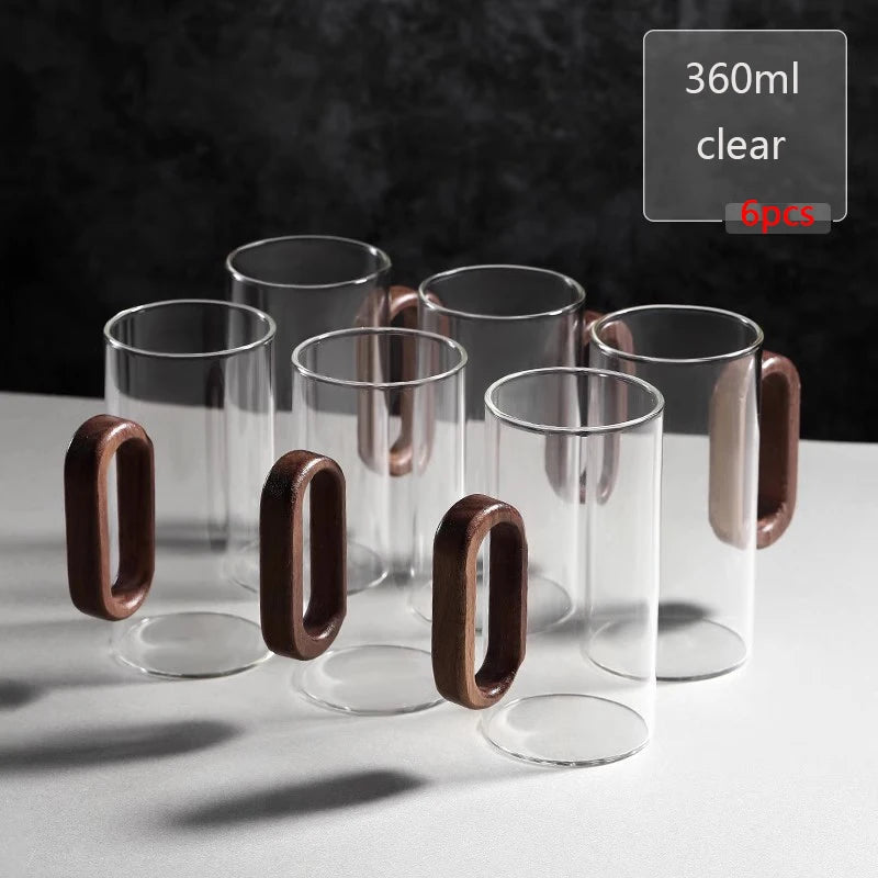 2/4/6PCS Luxury Transparent Black Glass Mug Set with Wooden Handle