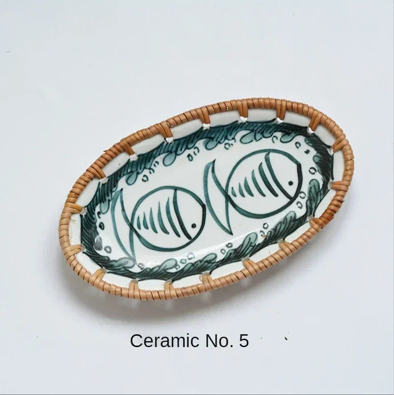 Rattan Woven Rim Ceramic Fruit Plate – Multi-Purpose Snack & Dessert Tray