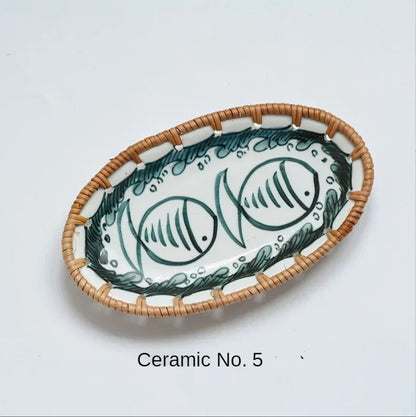 Rattan Woven Rim Ceramic Fruit Plate – Multi-Purpose Snack & Dessert Tray