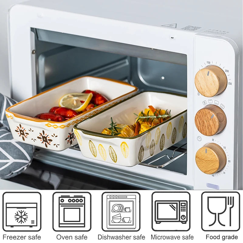 Flowers Rectangular Oval Ceramic Bakeware Pan with Handle – Multi-Size Baking Dish