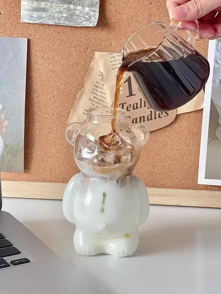 Cartoon Bear Shaped Coffee Mug – Cute Glass Cup with Straw