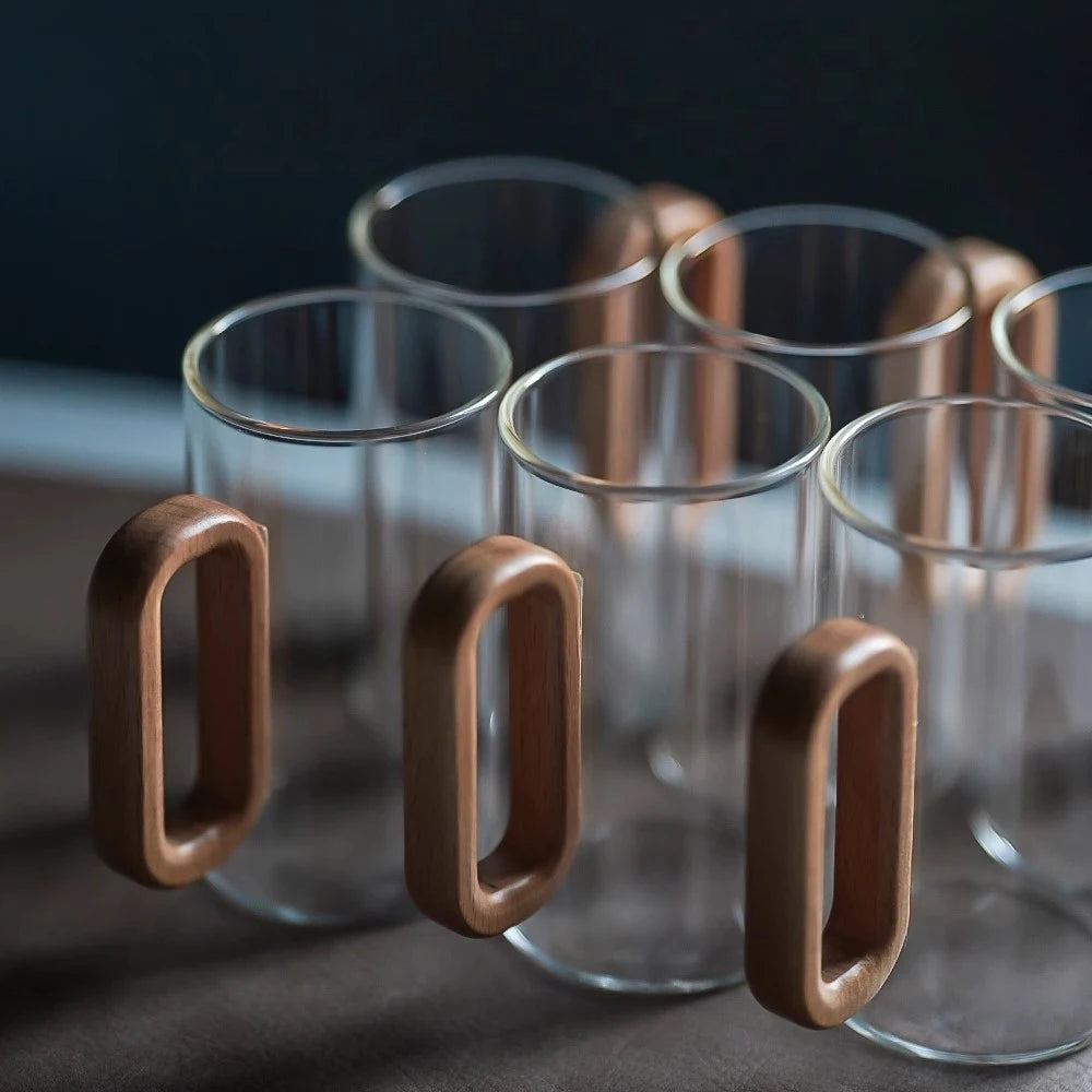 2/4/6PCS Luxury Transparent Black Glass Mug Set with Wooden Handle
