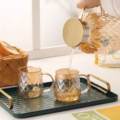 Diamond Textured Glass Cup – 380ml Golden Teacup Mug with Handle