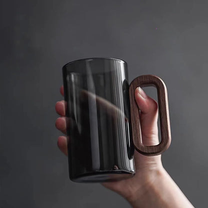 2/4/6PCS Luxury Transparent Black Glass Mug Set with Wooden Handle