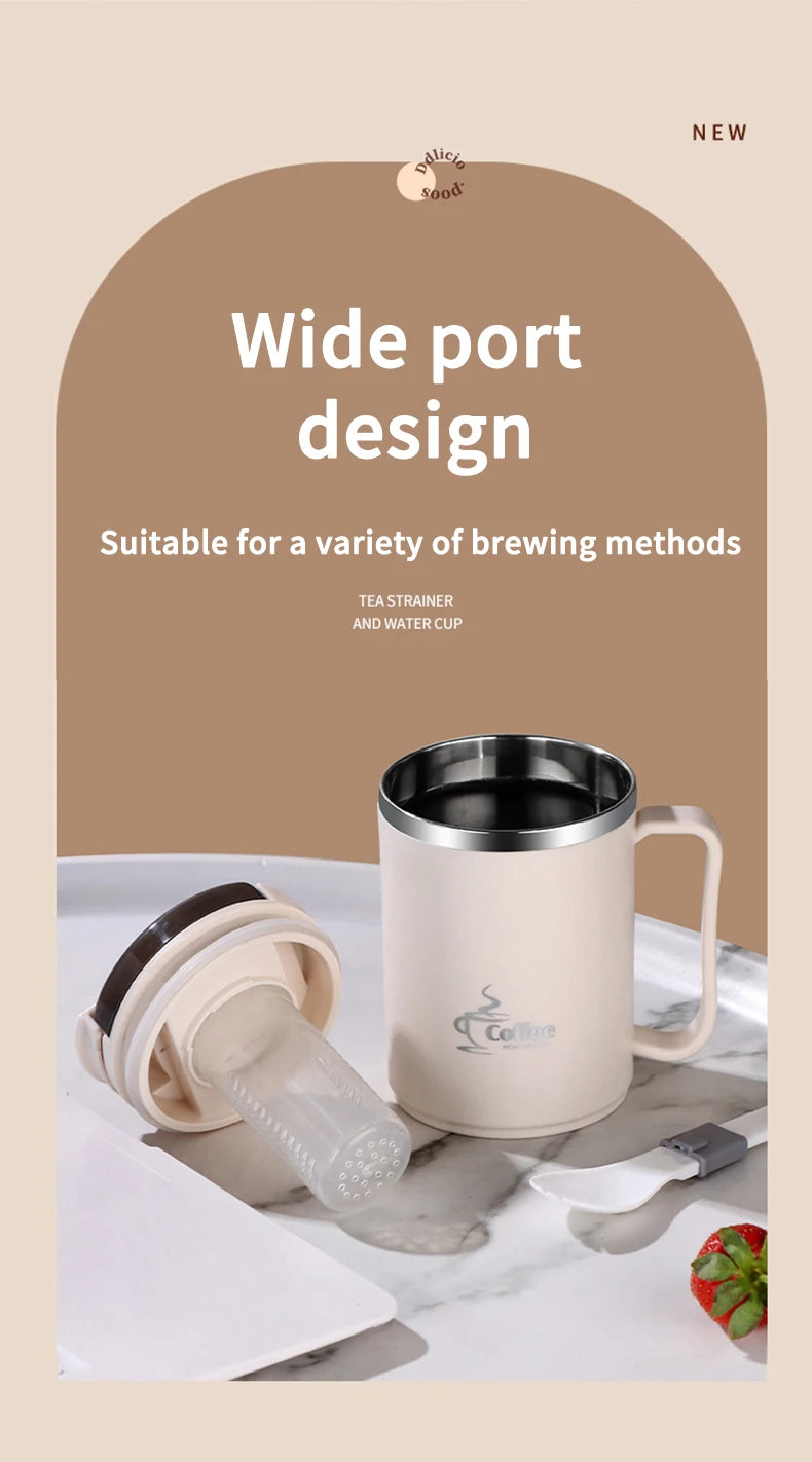 Double-Wall Thermal Coffee Cup With Strainer&Spoon Portable Leak Proof Coffee Mug