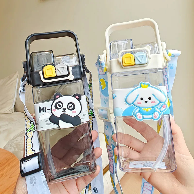 520ml Cute Water Bottle – Rectangular Shape with Strap, 2-Way Sip Style