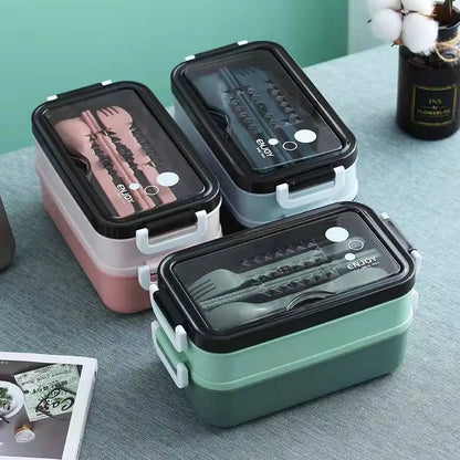 Double-layer Lunch Box With Fork Chopsticks And Spoon 1400ml