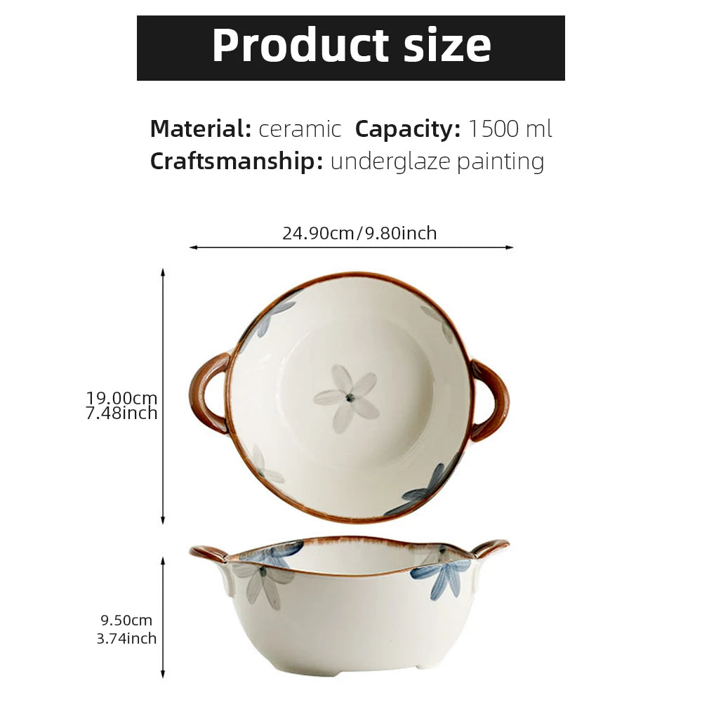1500ml Household Ceramic Soup Bowl, Salad bowl with Double Handles – Large Capacity
