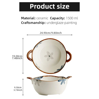 1500ml Household Ceramic Soup Bowl, Salad bowl with Double Handles – Large Capacity