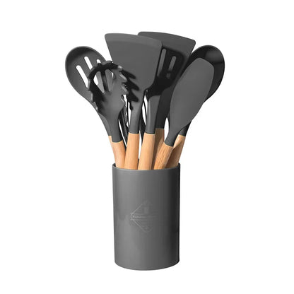 12pcs Set of Silicone Wooden Handle Kitchen Utensils Set Non Stick Pot Spoon
