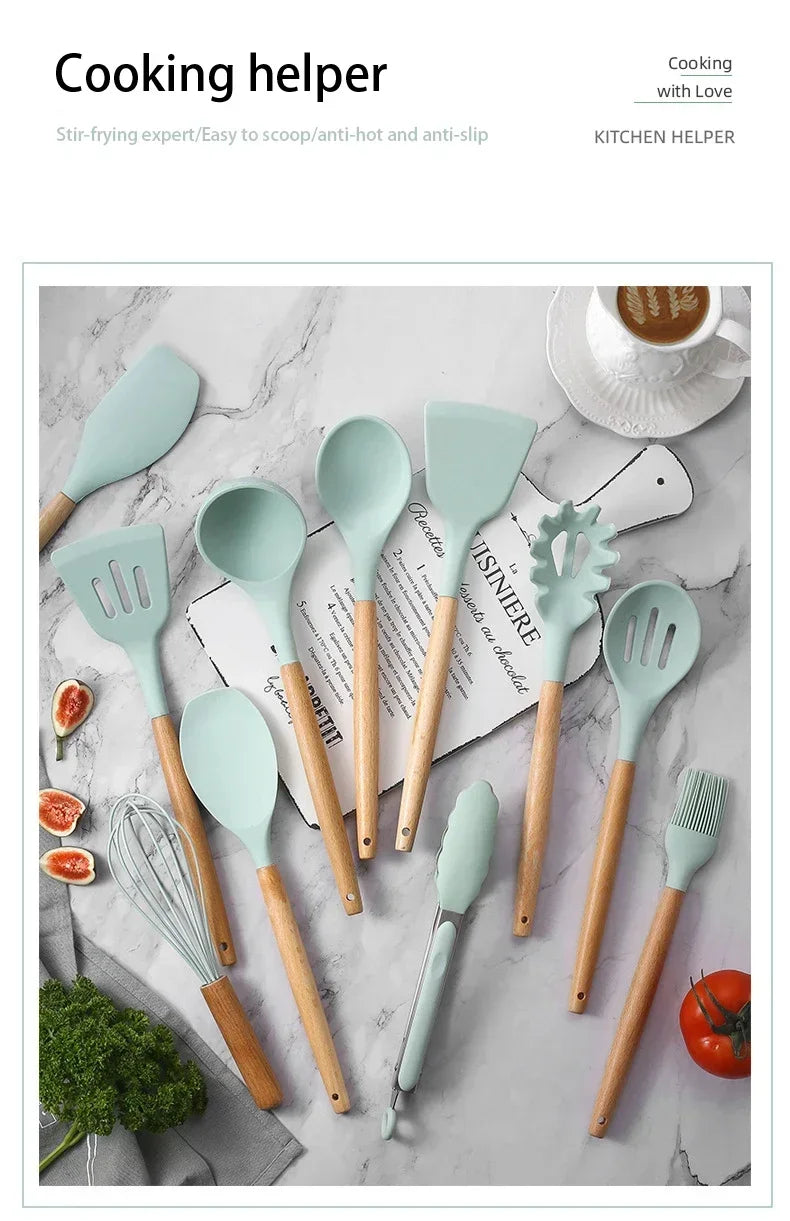 12pcs Set of Silicone Wooden Handle Kitchen Utensils Set Non Stick Pot Spoon
